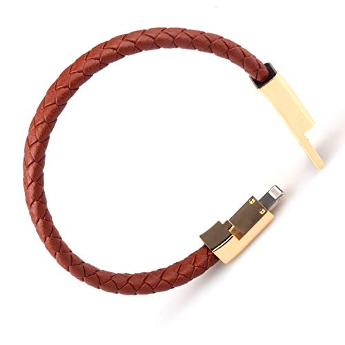 Product Cover Valentine's Day Gifts USB Leather Charging Bracelets Portable Braided Wrist Band Bracelet Cable Data Charger Cord for iPhone(Gold Metal+ Brown Leather)