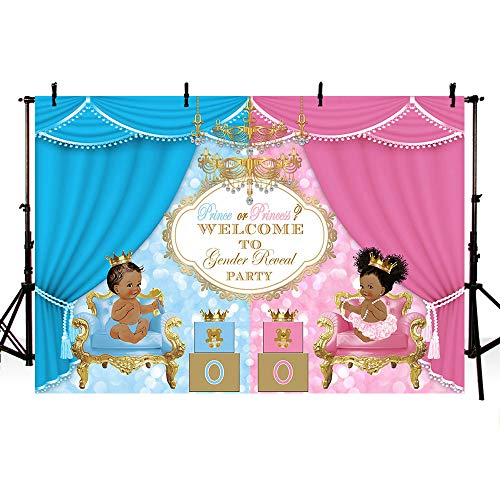 Product Cover MEHOFOTO Prince or Princess Royal Gender Reveal Party Photo Background Unisex Baby Shower Pink or Blue Curtain Bokeh Gift Decoration Backdrops Banner for Photography 7x5ft