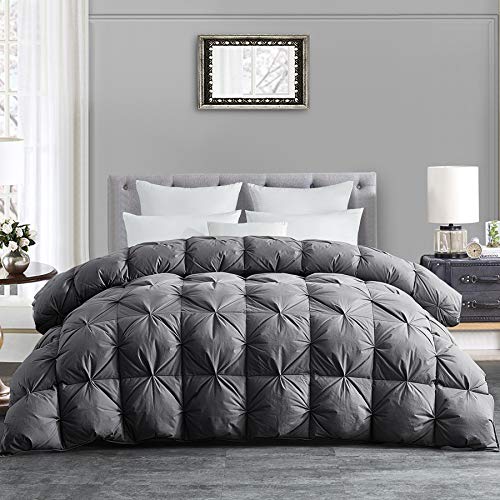 Product Cover HOMBYS All-Season Goose Down Comforter King Size Duvet Insert Feather Hypo-allergenic Grey Pinch Pleat 100% Cotton Cover Down Proof with Corner Tabs Premium Baffle Box Design-Gray Down Comforter
