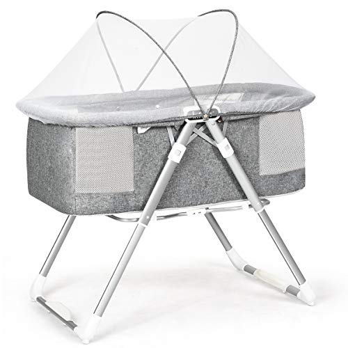 Product Cover INFANS 2 in 1 Rocking Bassinet for Newborn Baby, One-Second Fold Travel Crib with Detachable & Thicken Mattress, Height Adjustable Legs, Mosquito Net, Cradle with Rock Mode & Stationary (Grey)