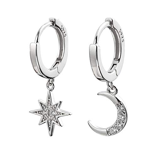 Product Cover CZ Moon Star Dangle Small Hoop Earrings for Women Girls Sterling Silver with Charms Crystal Asymmetrical Snowflake Crescent Drop Mini Cartilage Clip Jewelry Delicate Fashion Birthday Gifts Best Friend