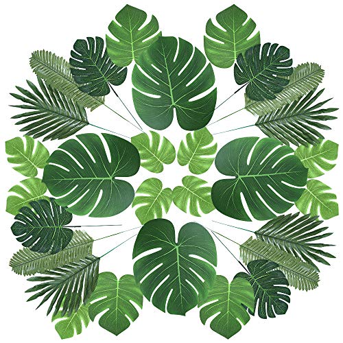 Product Cover Auihiay 60 Pieces 6 Kinds Artificial Palm Leaves with Faux Monstera Leaves Stems Tropical Plant Simulation Safari Leaves for Hawaiian Luau Party Jungle Beach Theme Party Table Leave Decorations