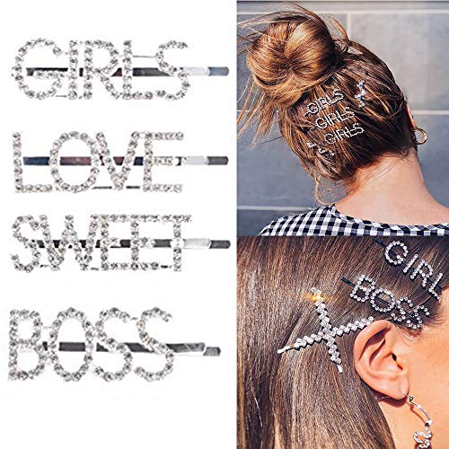 Product Cover St John 4Pcs Sparkly Letter Hair Clip Word Barrettes Pins Crystal Bobby Pins Bling Handmade Luxury Rhinestones Hair Jewellery Headwear Accessories Gold for Women Girls