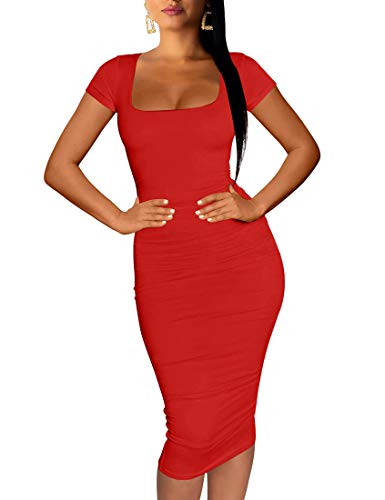 Product Cover BORIFLORS Women's Casual Basic Ruched Bodycon Dresses Short Sleeve Sexy Club Midi Dress
