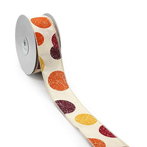 Product Cover CT CRAFT LLC Ivory Canvas Burgundy/Orange/Yellow Dots Wired Ribbon - 1.5 Inch x 10 Yards x 1 Roll