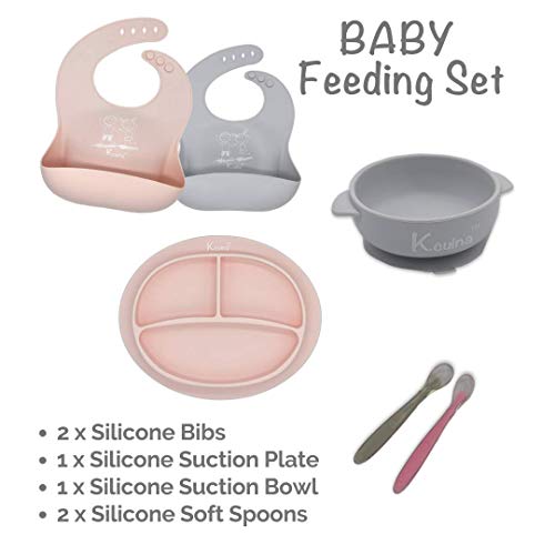 Product Cover Kcuina 6 Piece Baby Feeding Set- Includes 2 Silicone Bibs, 1 Strong Suction Divided Plate, 1 Strong Suction Bowl & 2 Soft Spoon Set- Food Grade & FDA Approved Silicone (Pink/Gray)