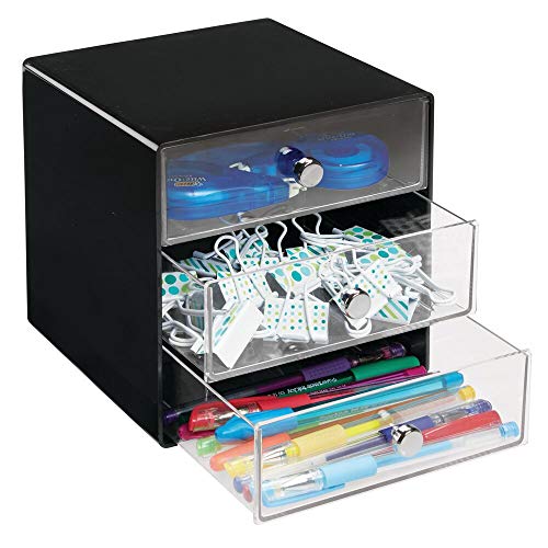 Product Cover mDesign Plastic Home Office 3 Drawer Cube Storage Organizer - Desktop Organization for Office Supplies, Gel Pens, Pencils, Markers, Tape, Erasers, Paperclips, Chargers - Black/Clear