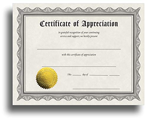 Product Cover Certificate of Appreciation Certificate Paper with Embossed Gold Foil Seals - 30 Pack - Parchment Award Certificates for Students, Teachers, Employees - 8.5