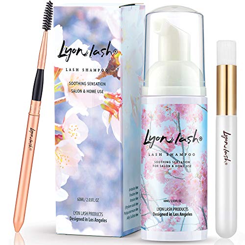 Product Cover Eyelash Extension Shampoo 60ml + Brush + Mascara Wand - Lyon Lash Eyelid Foam Cleanser/Gentle Formula for Sensitive people/Paraben & Sulfate Free/Remove Eye Makeup & Oil & Dust/For Salon and Home Use