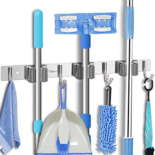Product Cover Tsmine Broom Holder Organizers and Storage Stainless Steel Mop Holder Wall Mounted Garden Tool Heavy Duty Rack Hooks for Garage,Home,Kitchen,Bathroom,Closet and Shed (3 Racks 4 Hooks)