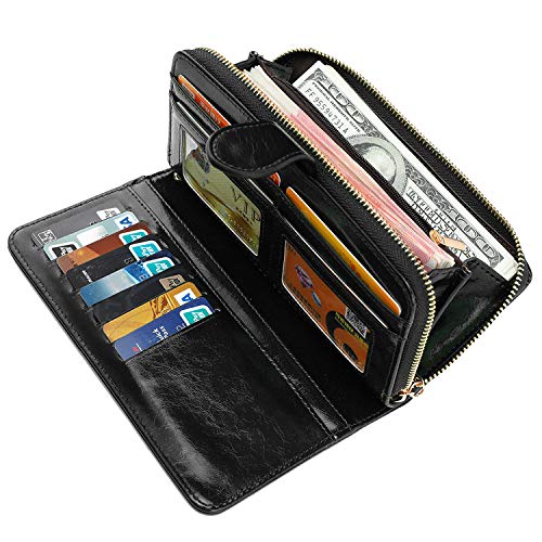 Product Cover Women Wallet Soft Leather Bifold Clutch Wallet Large Capacity Long Purse with Strap (black)