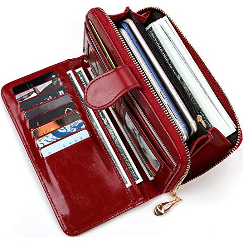 Product Cover Women Wallet Soft Leather Bifold Clutch Wallet Large Capacity Long Purse with Strap (red)