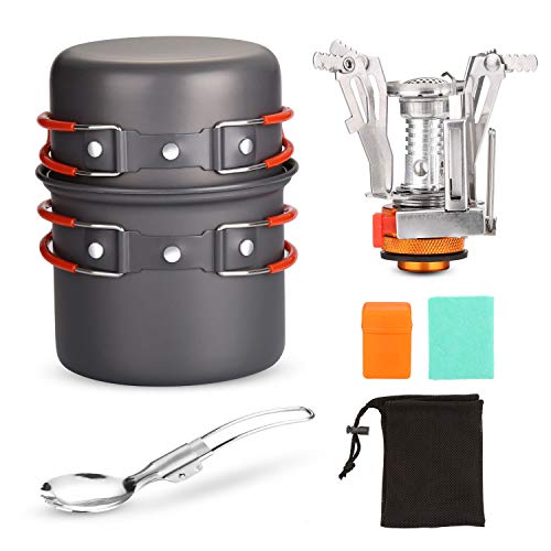 Product Cover Odoland 6pcs Camping Cookware Mess Kit with Lightweight Pot, Stove, Spork and Carry Mesh Bag, Great for Backpacking Outdoor Camping Hiking and Picnic