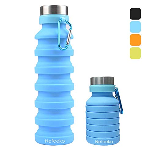Product Cover Nefeeko Collapsible Water Bottle, Reuseable BPA Free Silicone Foldable Water Bottle for Travel Gym Camping Hiking, Portable Leak Proof Sports Water Bottles with Carabiner, 18oz(Blue)