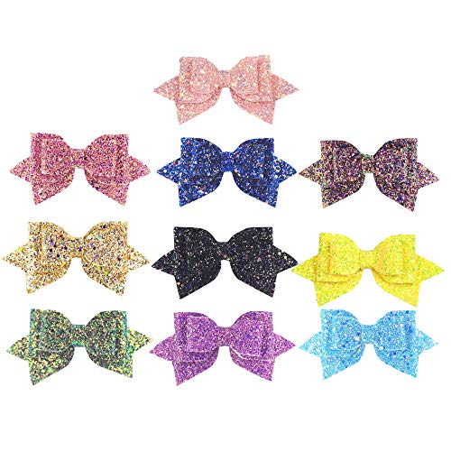 Product Cover 5 Inch Glitter Hair Bows Boutique Hair Clips 10 Pcs Multi Color Glitter Sequins Big Hair Bows for Baby Girls Teens Toddlers