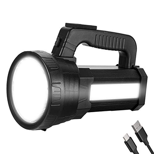 Product Cover Super Bright LED Handheld Spotlight Flashlight Rechargeable 10000mAh 6000 Lumens Long Lasting Spot Light CREE Waterproof Tactical Torch, 5 Light Modes Side Floodlight, with USB Output(black)