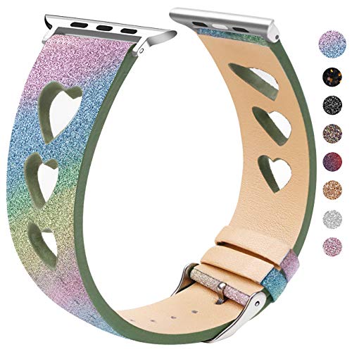 Product Cover Glitter Band Compatible with Kid Apple Watch Band 38mm 40mm, Women Girls Bling Shiny Heart Replacement Wristbands Compatible with iWatch Series 5 Series 4 Series 3 Series 2 Series 1, Rainbow Blue