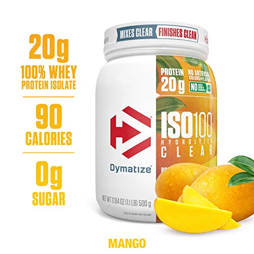 Product Cover Dymatize ISO100 Hydrolyzed Clear Protein Powder, 100% Whey Protein Isolate Powder, 20g of Protein & 4g BCAAs, Gluten Free, Keto Friendly, Easy Mixing, Light & Refreshing, Mango, 1.1 lbs
