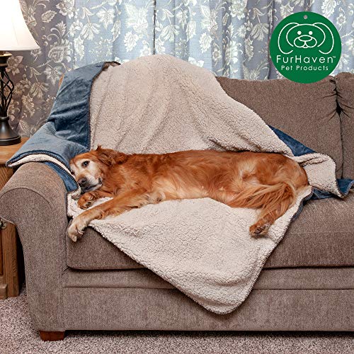 Product Cover Furhaven Pet Dog Bed Blanket | Snuggly & Warm Faux Lambswool & Terry 100% Waterproof Insulated Thermal Self-Warming Pet Bed Throw Blanket for Dogs & Cats, Cozy Denim, Large