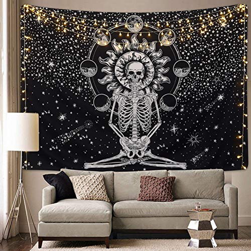 Product Cover Sevenstars Skull Tapestry Meditation Skeleton Tapestry Chakra Tapestry Starry Tapestry Black and White Stars Tapestry for Room