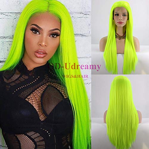 Product Cover QD-Udreamy Neon Green Silky Straight Lace Front Wigs Natural Looking Wig Replacement Wig Heat Resistant Synthetic Hair Wigs for Women