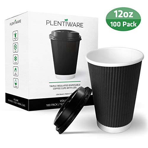 Product Cover Coffee Cups with Lids | Disposable Insulated To Go Paper Coffee Cups for hot beverages | 12 oz perfect for cafe and bulk | 100 Pack - Black by Plentiware