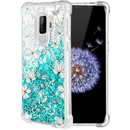 Product Cover Caka Galaxy S9 Plus Case,Galaxy S9 Plus Floral Glitter Case Flower Pattern Series Luxury Fashion Bling Flowing Liquid Floating Sparkle Glitter Soft TPU Case for Samsung Galaxy S9 Plus (Teal Vine)
