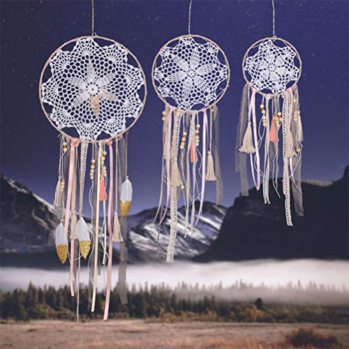 Product Cover OFNMY 3pcs Boho Dream Catchers Macrame Handmade Gold Pink White Dreamcatcher for Wall Hanging Decoration, Wedding Party Favor, Baby shower, Girls Nursery Room Decor