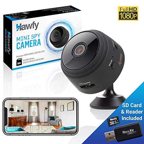 Product Cover Hawfy Mini HD Wireless Hidden Camera - Magnetic Feature for Easy Installation with SD Card and Reader - Smart Motion Detection, Instant Push Notifications, Night Vision Spy Cam - Mini Spy Camera