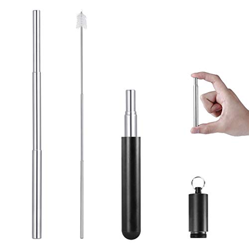 Product Cover Stainless Steel Straw 9 inches Reusable Drinking Straw Telescopic Travel Straw with Silicon Tip, Aluminum Alloy Case and Telescopic Cleaning Brush (Black)
