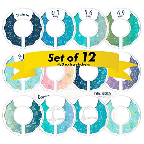 Product Cover CORRURE 12 Pack Baby Closet Size Dividers (Blue) - Complete Unisex Nursery Closet Organizer Set - Clothes Age/Size from Newborn to 24 Months and More with 30pcs Extra Stickers - Best Baby Shower Gift