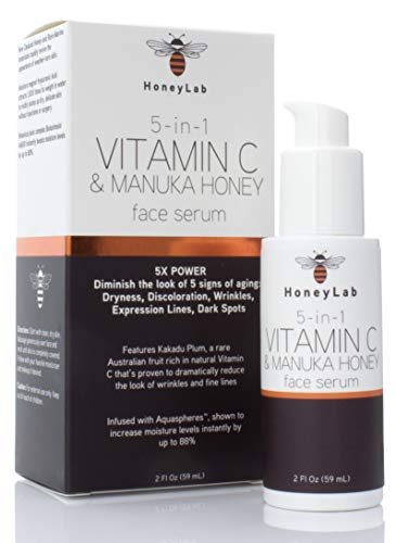 Product Cover HoneyLab Vitamin C Face Serum with Hyaluronic Acid, Manuka Honey and peptides. Anti-aging serum contains Marine extracts that soften the look of dark spots, wrinkles and fine lines. 2oz bottle.