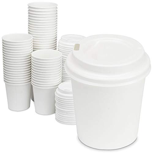 Product Cover [100 Pack] 4 Oz Disposable White Paper Cups with White Lids - On the Go Hot and Cold Beverage All-Purpose Sampling Portion Cup for Coffee, Espresso, Cortado, Water, Juice and Tea, Food Grade Safe