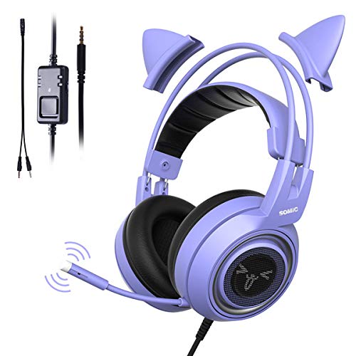 Product Cover SOMIC G951S Purple Stereo Gaming Headset with Mic for PS4, Xbox One, PC, Phone, Detachable Cat Ear 3.5MM Noise Reduction Headphones Lightweight Computer Gaming Headphone Self-Adjusting Gamer Headsets