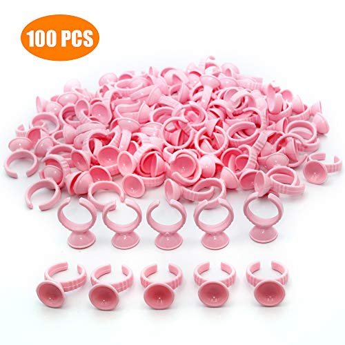 Product Cover 100PCS Pink Disposable Plastic Nail Art Tattoo Glue Rings Holder Eyelash Extension Rings Adhesive Pigment Holders Finger Hand Beauty Tools