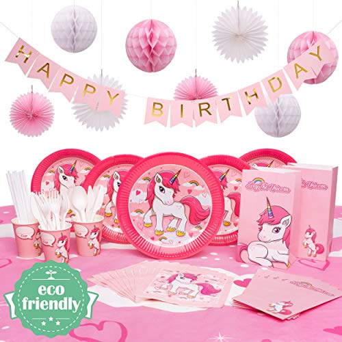 Product Cover Unicorn Party Decorations | Serves 16 | Eco-Friendly Birthday Party Supplies | Includes reusable tablecloth, PLA straws & utensils, paper banner, unicorn paper plates, cups, napkins, party favor bags