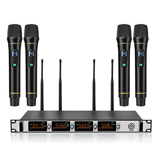 Product Cover Wireless Microphone System，NASUM 4-Channel Metal UHF Wireless Microphone System，Cordless Karaoke Microphone Set, LCD Display Professional Home KTV Set for Party，Karaoke，Wedding，Classroom, Church