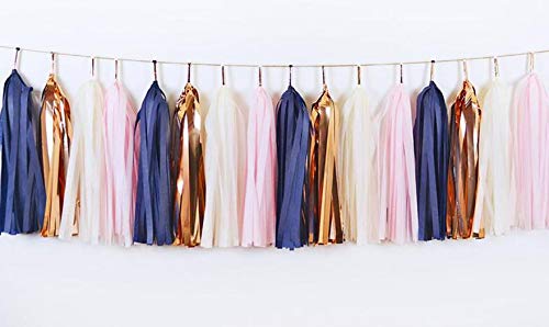 Product Cover 4Pack 20Pcs 14 inch Navy Pink Rose Gold Ivory Tassel Garland, Navy Pink Banner, Baby Shower, Bridal Shower, First Birthday, Photo Backdrop, Birthday Party Banner, Wedding Party Decorations