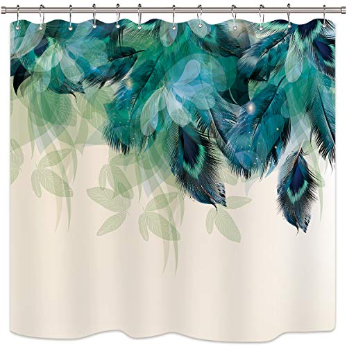 Product Cover Riyidecor Watercolor Peacock Feather Shower Curtain Teal Blue Turquoise Floral Green Leaf Bathroom Home Decor Set Panel Fabric Woman Waterproof Bathtub 72x72 Inch Included 12 Pack Plastic Shower Hook