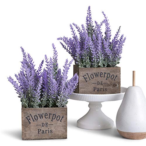 Product Cover Butterfly Craze Artificial Lavender Potted Plant, Rustic Farmhouse Decor for Home, Kitchen, and Office, Ideal Silk Flower Arrangements, Set of Two