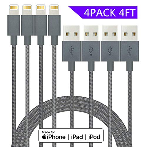 Product Cover iPhone Lightning Cable Apple MFi Certified IDiSON 4Pack 4ft Braided Nylon Fast Charger Cable Compatible iPhone 11 Pro X XR XS MAX 8 Plus 7 6s 5s 5c Air iPad Mini iPod (Dark Gray)