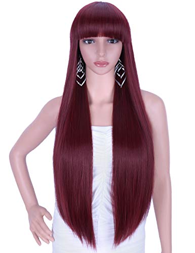 Product Cover Kalyss 28 inches Women's Silky Long Straight Wine Red Wig Heat Resistant Synthetic Wig With Bangs Hair Wig for Women