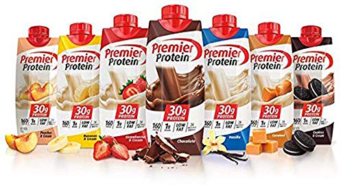 Product Cover Premier Protein High Protein Shakes Variety Pack (Chocolate, Vanilla, Strawberry & Cream, Bananas & Cream, Caramel, Peaches & Cream, Cookies & Cream - 11 fl. oz, 7 pack)