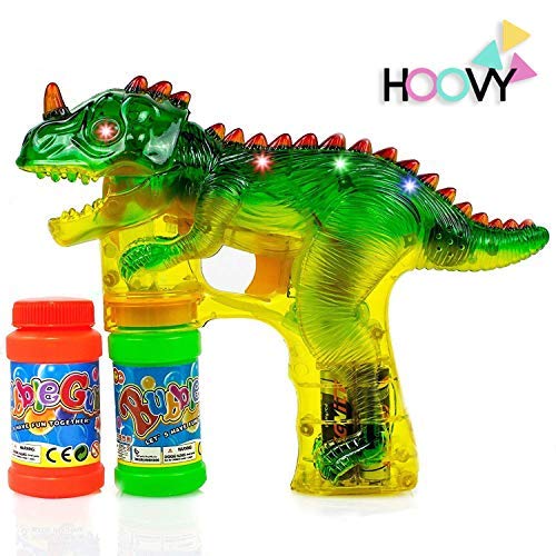 Product Cover Hoovy Dinosaur Bubble Gun Blower Shooter Light Up LED Flashing Lights Plays Sounds | Bubble Dinosaur Toys for 2 3 4 5 6 7 Year Old Boy Girl | Bubble Blower for Kids (1 Pack)