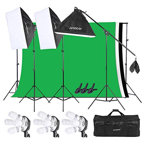 Product Cover Andoer Lighting Kit, Photography Studio Softbox Light Kit and 6.6ftx10ft Background Support System, Including 3pcs Backdrops(Black/White/Green) Screen for Photo, Video, Portrait and Product Shooting