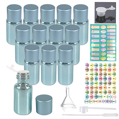 Product Cover 12pcs 5ml Empty Pearled Blue Glass Oil Bottles Set For Essential Oil Blends Samples With 1x26 Stickers,1x63labels,1 Funnel,1 Dropper,1 Sprayer Adapter,1 Extra Orifice Reducer