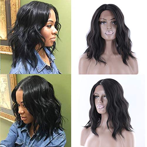 Product Cover Longqibeauty Short Wavy Natural Hair Synthetic Wig Medium Brown Lace Front L Part Shaped with Natural Hairline Glueless Heat Resistant Replacement Wigs for Women (12 Inches, 1B, Natural Black)