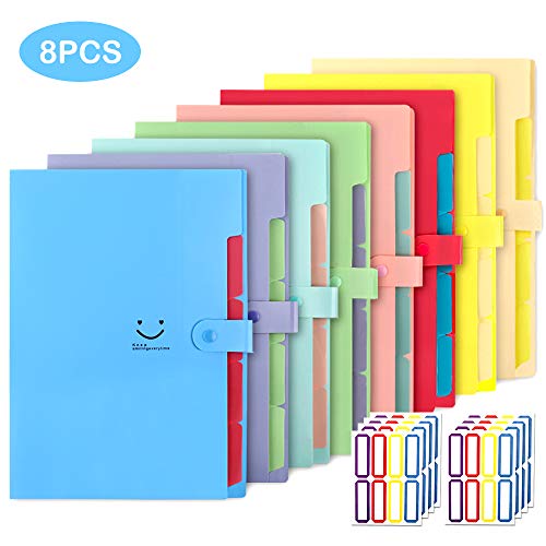 Product Cover EOOUT 8pcs Expanding File Folders, 5 Pockets A4 Letter Size Snap Closure Plastic Accordion Document Organizer with 64pcs File Folder Labels for School and Office