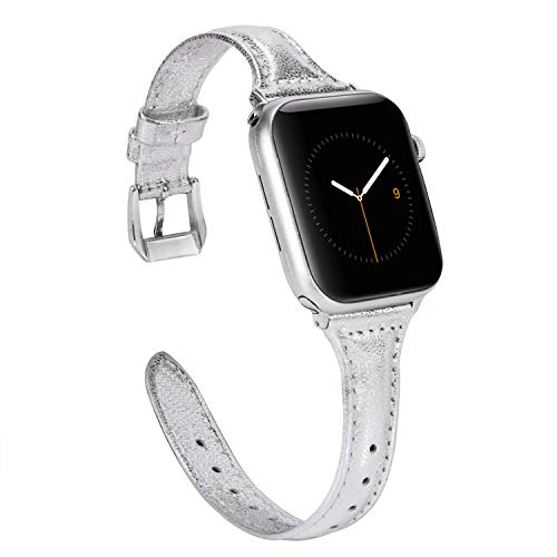 Product Cover Wearlizer Silver Thin Leather Compatible with Apple Watch Bands 38mm 40mm for iWatch Top Grain Leather Women Mens Slim Strap, Leisure Stylish Wristband (Silver Clasp) Series 5 Series 4 3 2 1 Sport