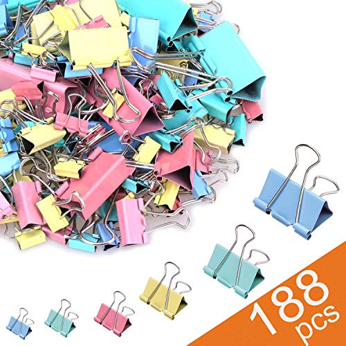 Product Cover 188 Pcs Binder Clips Paper Clamps Assorted 6 Sizes, Paper Binder Clips Metal Fold Back Clips with Box for Office,School and Home Supplies,Assorted Colors